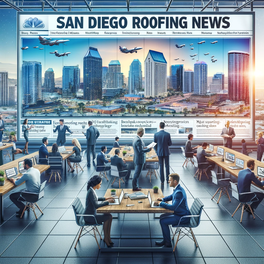 San Diego Roofing News', featuring a dynamic newsroom scene with a focus on the roofing industry in San Diego.
