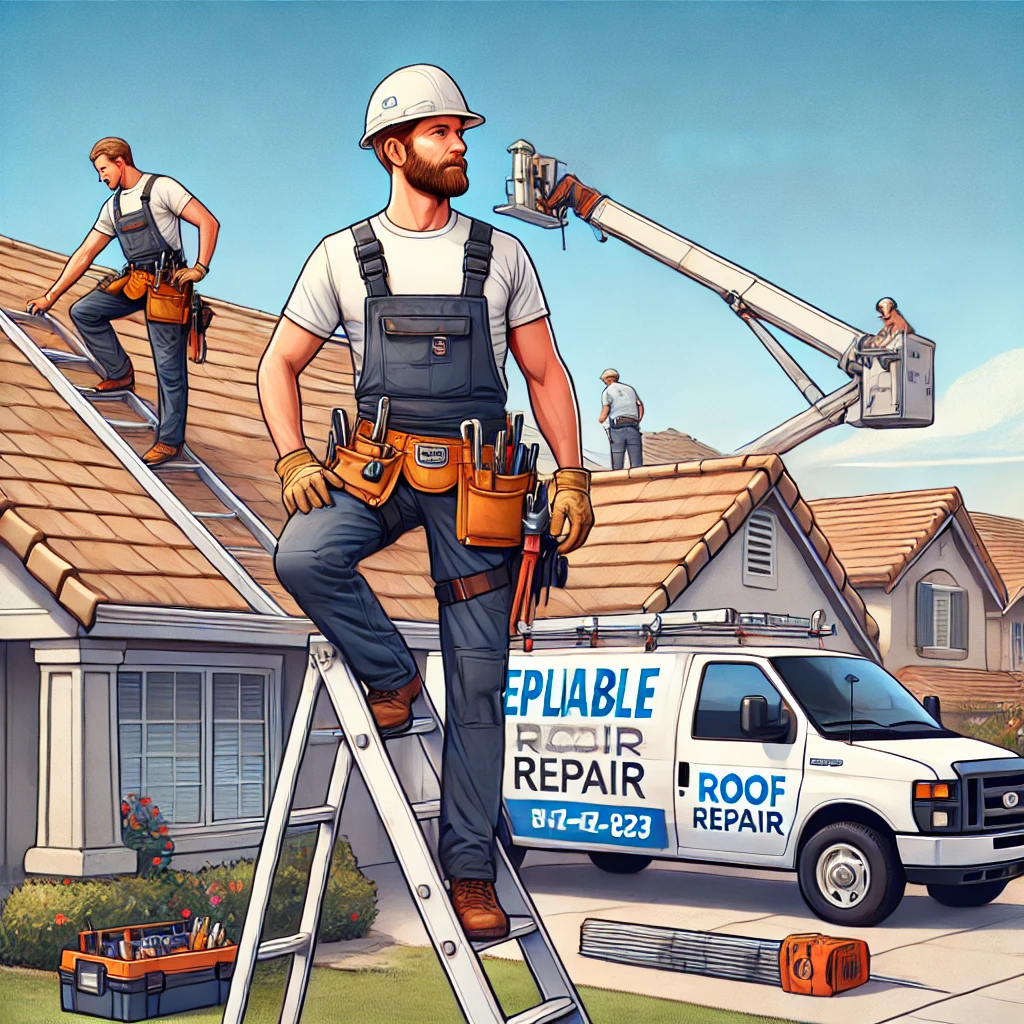 "Professional roof repair service in San Diego by Reliable Roof Repair, featuring expert technicians working on a residential roof with safety gear, tools, and materials."