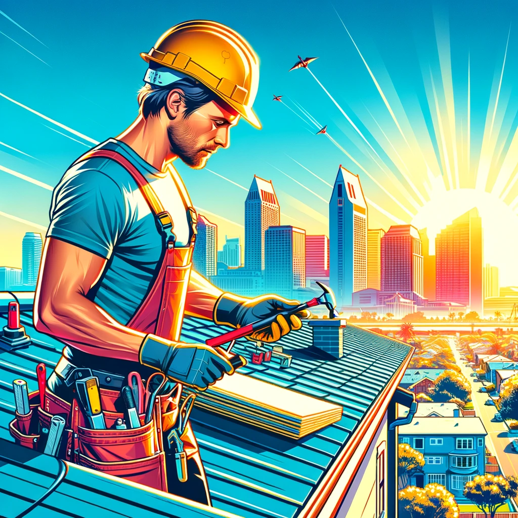 Modern illustration of a roofing contractor working on a roof in San Diego with the city skyline and a clear blue sky in the background.